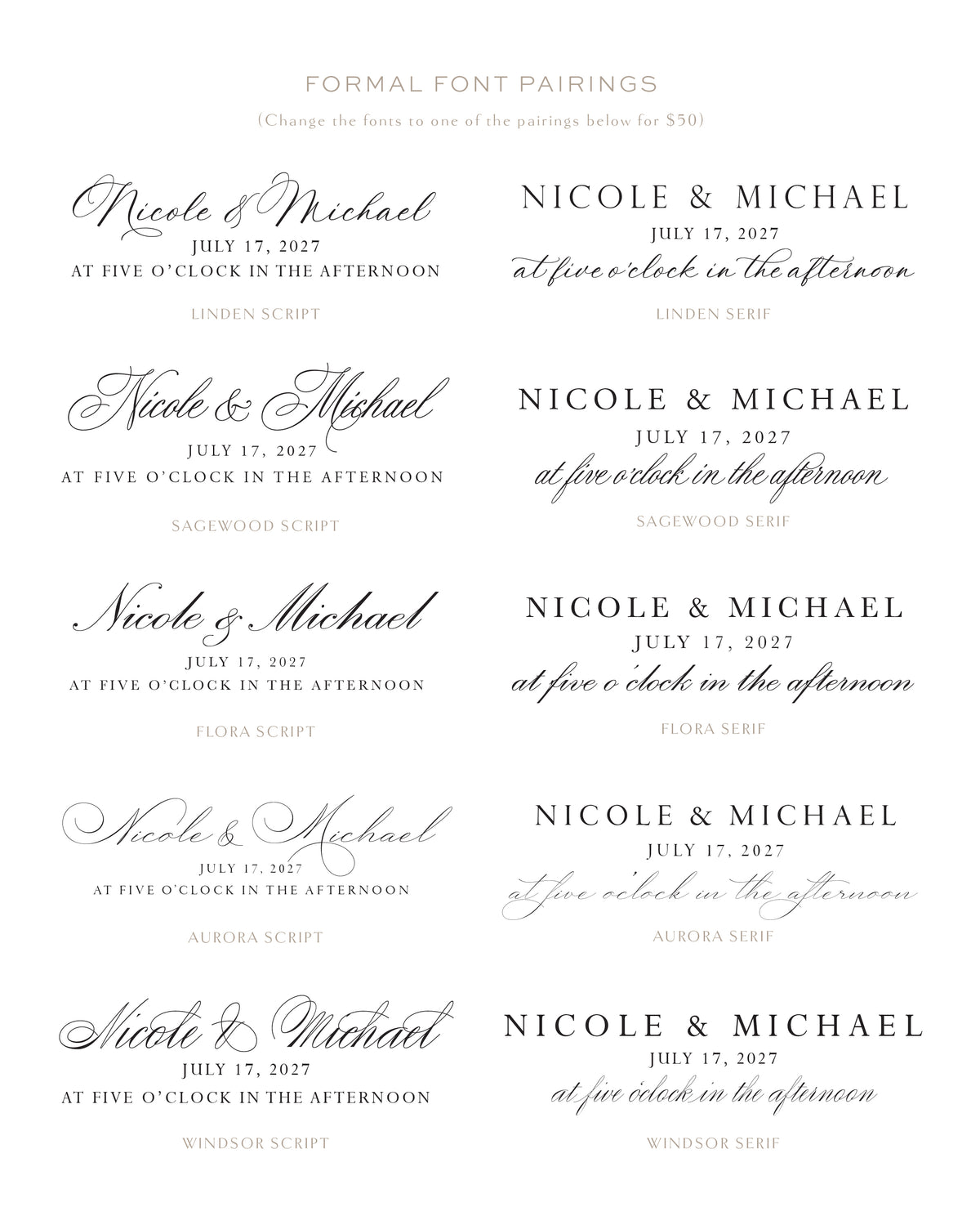 Various font styles for a wedding invitation with 'Nicole & Michael' and date.