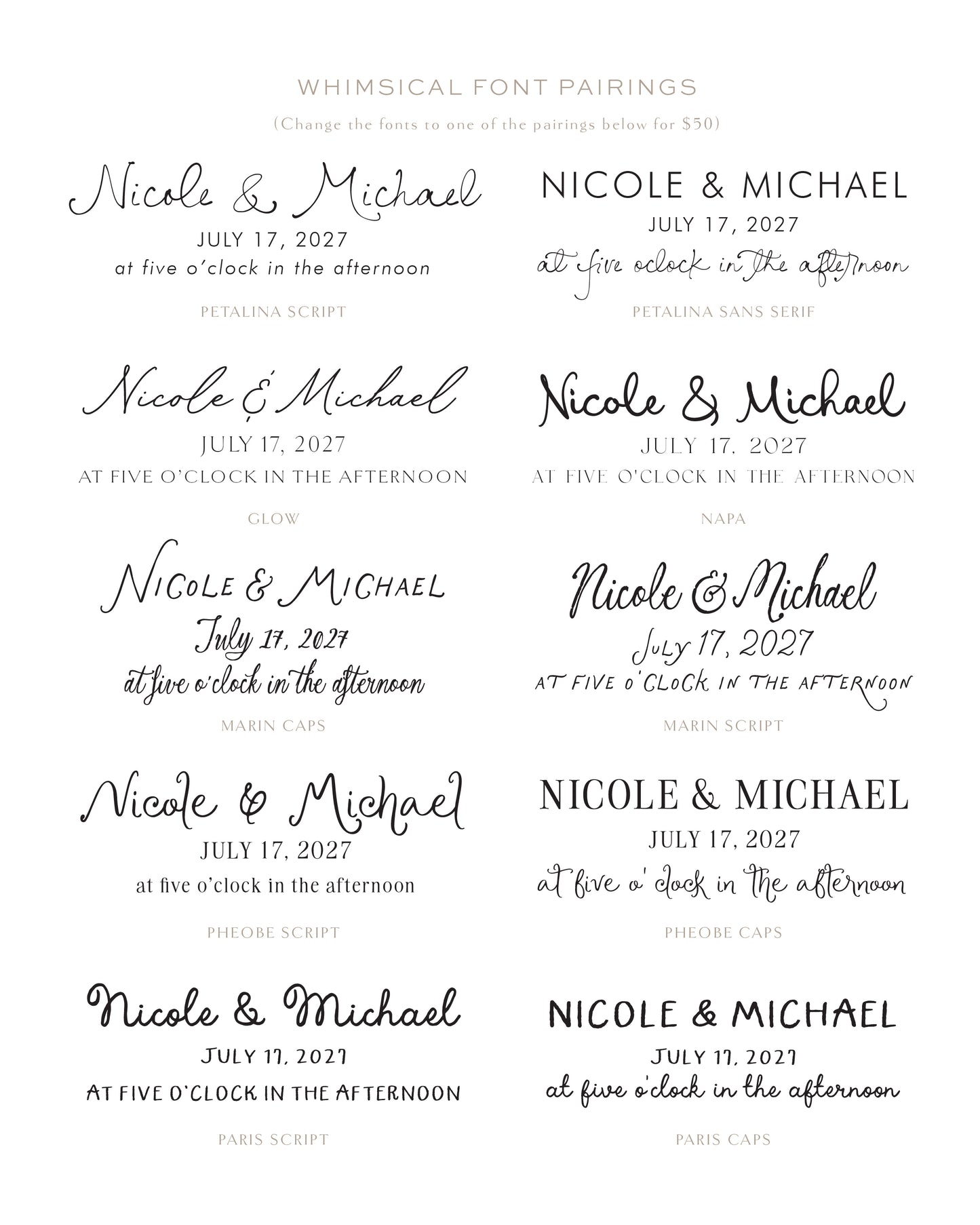 Various font styles for a wedding invitation with 'Nicole & Michael' and date.
