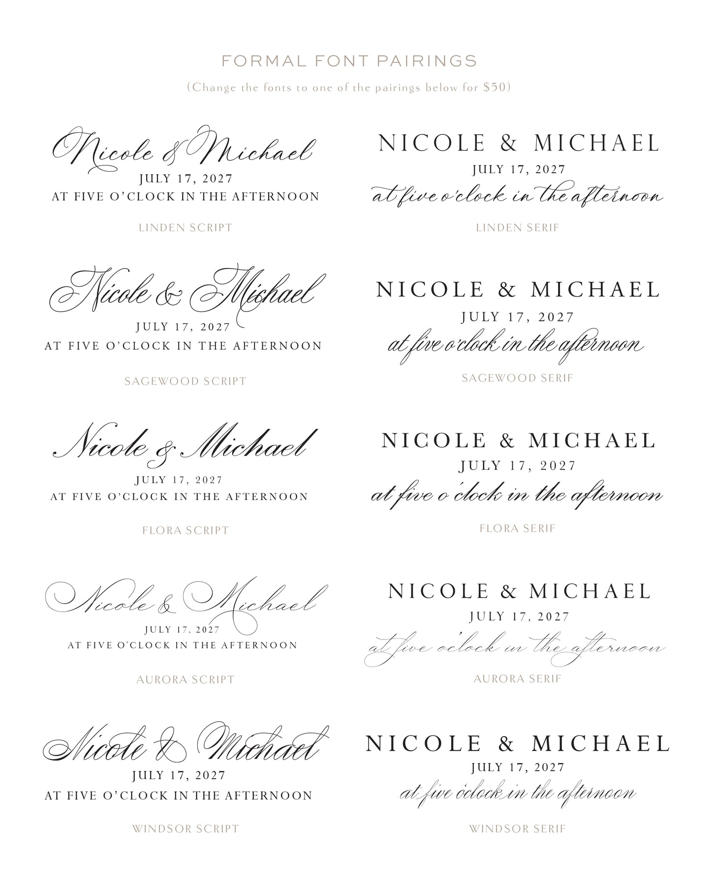 Various font styles for a wedding invitation with 'Nicole & Michael' and date.