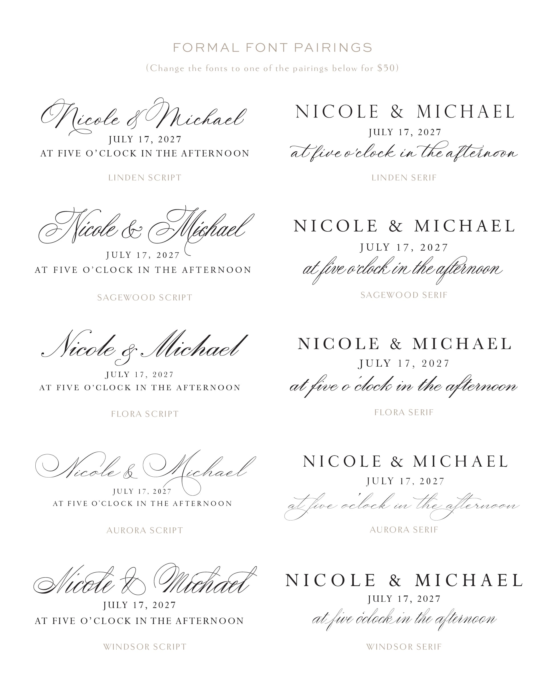 Various font styles for a wedding invitation with 'Nicole & Michael' and date.