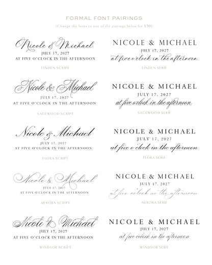 Various font styles for a wedding invitation with 'Nicole & Michael' and date.