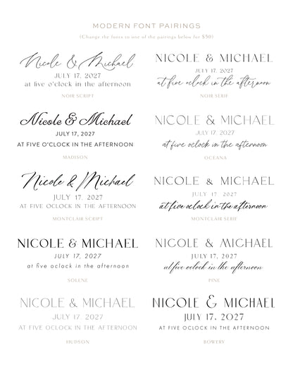 Collection of wedding invitation text styles on a white background