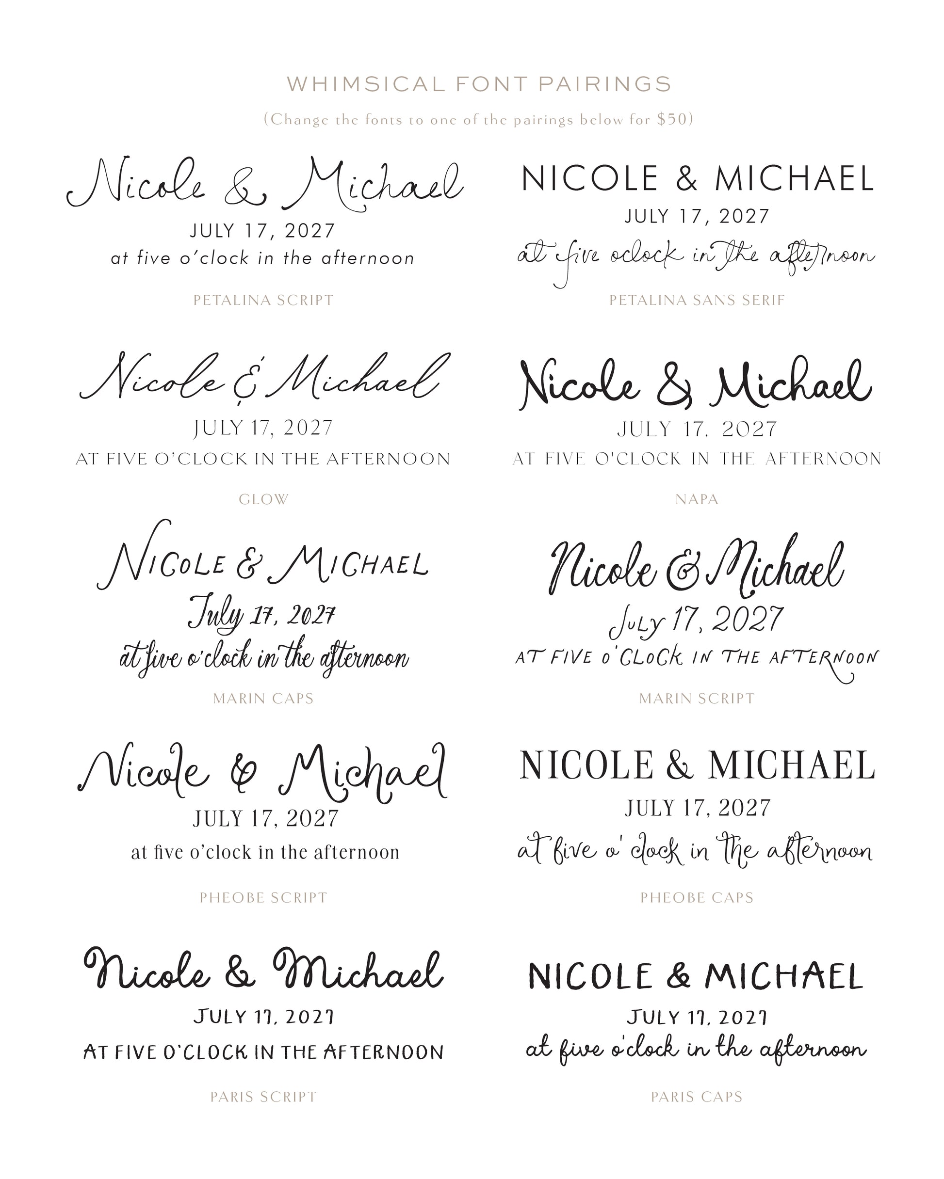 Various font styles for a wedding invitation with 'Nicole & Michael' and date.