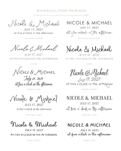 Various font styles for a wedding invitation with 'Nicole & Michael' and date.
