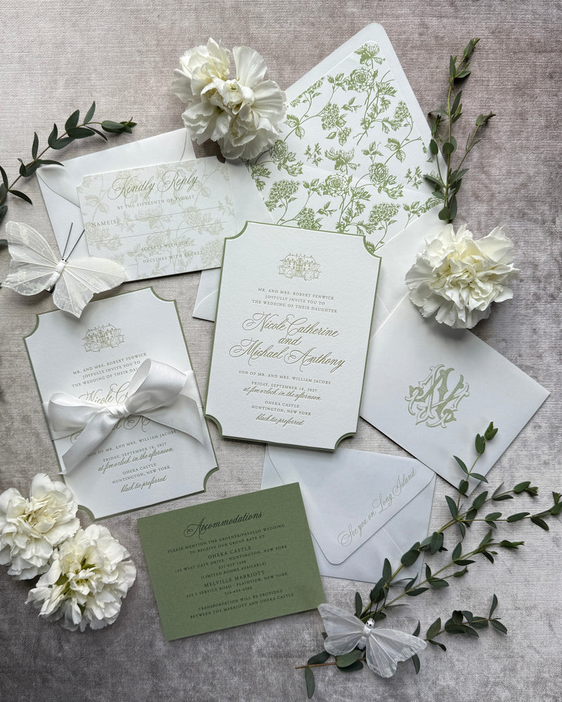 Wedding invitation featuring green text, vintage floral pattern and a silk ribbon